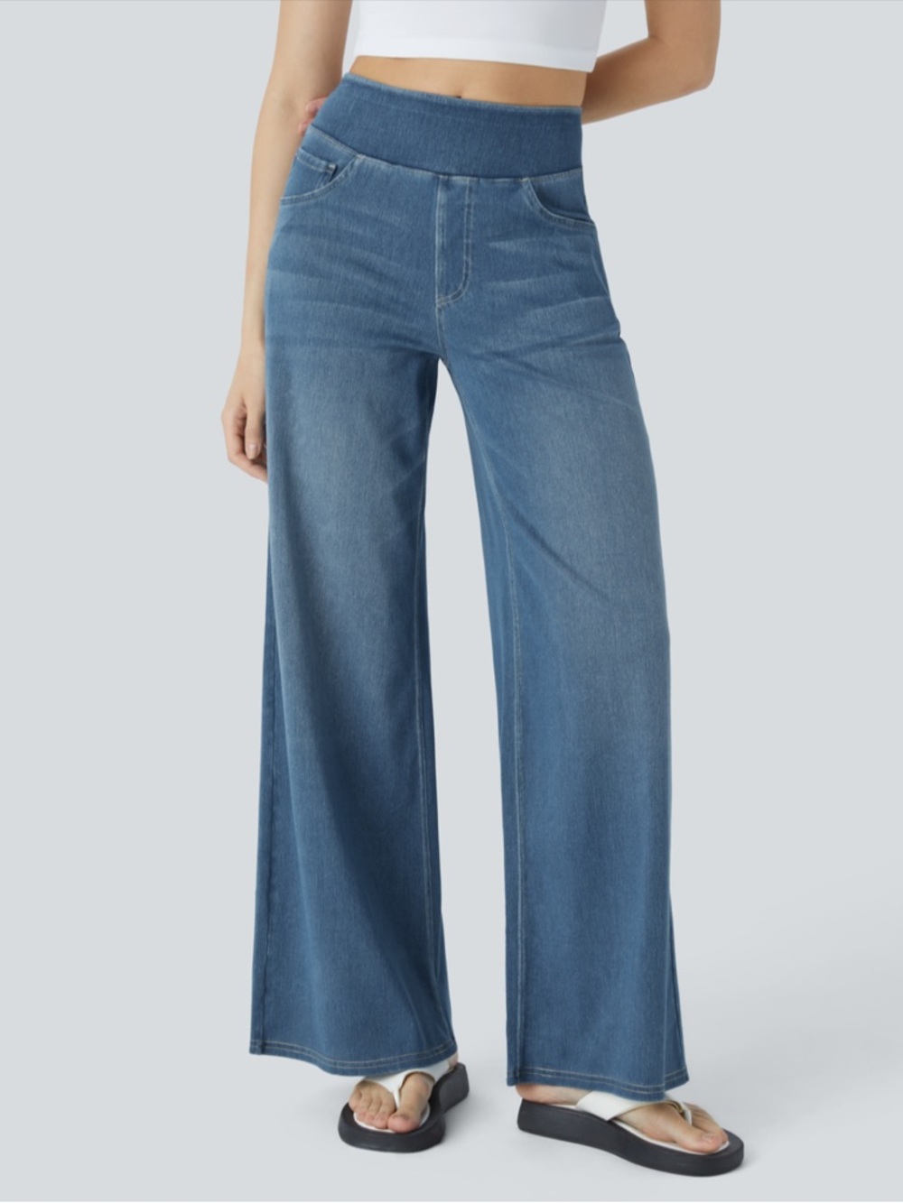 Halara Flex™ High Waisted Pockets Baggy Wide Leg Washed Casual Jeans,Mayan Blue